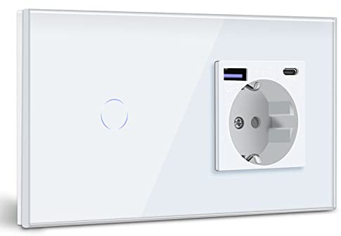 BSEED Interruptor con Enchufe USB C 20W,Blanco Schuko Enchufe con Cargador Rápido USB Tipo C,1 Gang 1 Vía Interruptor de Luz con Indicador LED,Enchufe Integrado Adecuado