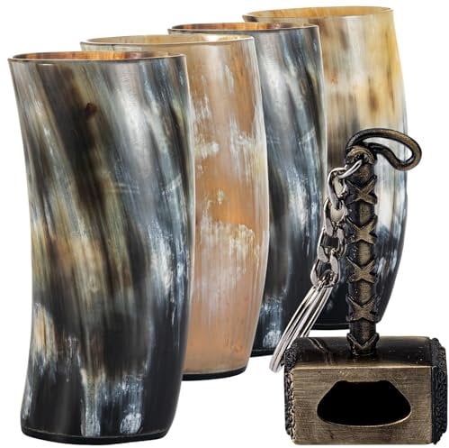 FENRIR Viking Drinking Horn Mugs Set of 4, Natural Ox Horn Goblet Glasses | 12-13 oz Cool Unique Tumbler, Beer Gift for Men and Women