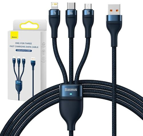 Baseus Cable USB 3 en 1 serie flash USB 3 en 1, USB-C + Micro + Lightning 66 W, 1,2 m (azul)