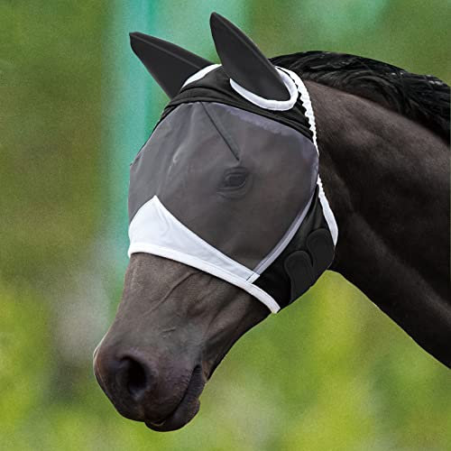 Fliegenmaske mit Ohren Maske für Pferde Weicht Dehnbar Mesh Pferd Gesichtsbedeckung Atmungsaktiv Augenschutz Fliegenmasken UV Schutz Pferde Zubehör (Schwarz, L)