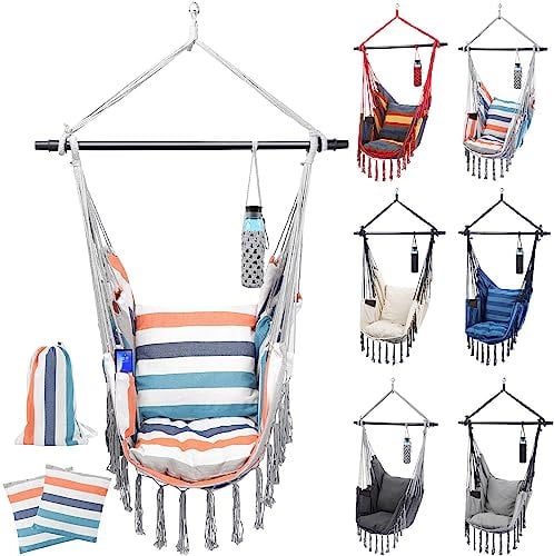 MIADOMODO® Hängesessel - Outdoor, Indoor, Kissen, Haken, Kinder/Erwachsene, Balkon/Wohnzimmer/Garten/Camping, 150 kg, Faltbar, Farbwahl - Hängesitz, Hängestuhl, Hängeschaukel (Pastel Blau/Orange)