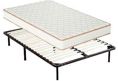 TEENO-Matelas en Mousse+Sommier à Lattes sur Pieds-7 Pieds Inclus Lit (140 x 190,18CM), Parfait Soutien Haute Resilience Ultra Respirante, Matelas réversible à Deux Faces entièrement utilisables