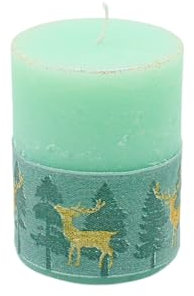 Dekohelden24 Türkisfarbene - Stumpenkerze Rustikal mit Hirschen und Glitter in Geschenkfolie mit Schleife, H/Ø 8 cm x 6 cm, 195g.
