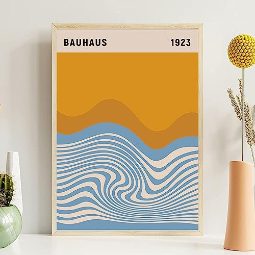 Bauhaus-Wandkunst Mitte des Jahrhunderts, Bauhaus-Blau, geometrisches Poster, gelbes Boho-Kunstwerk, minimalistisch, geometrische Wandkunst, Sonnenwellen, Formen, Kunstdruck, neutrales Boho-Bild für