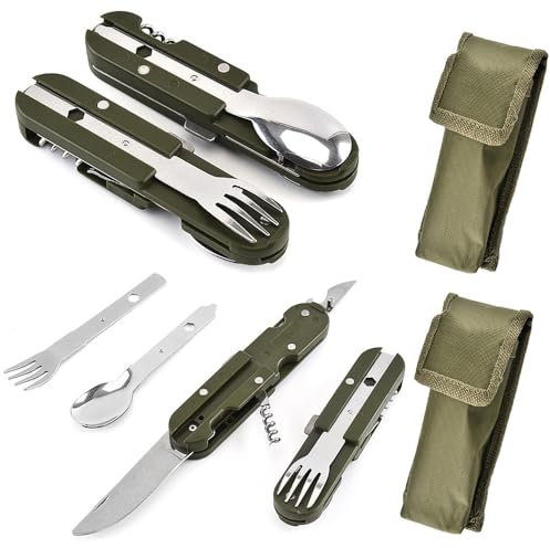 CLIUNT Juego de cubiertos para acampar al aire libre, 2PCS 5 en 1 Vajilla de Camping de Acero Inoxidable, Juego de cubiertos para acampar de acero inoxidable, para acampar y al aire libre, plata verde