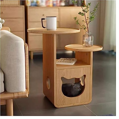 Moderne Sofatische 2-stufiger Holz-Beistelltisch mit kleinem Katzenhaus, Katzenbett, Beistelltisch, Nachttisch, Couchtisch mit Katzenbett, Katzenwohnungen for Wohnzimmer, Schlafzimmer, Balkon, Familie