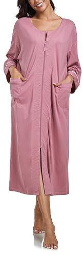 COLORFULLEAF Damen Bademantel mit Reissverschluss 100% Baumwolle Leicht Morgenmantel Hausmantel Damen Lang mit Taschen M-XXL(Rosarot,XL)