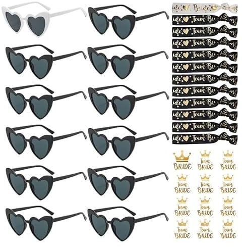 YeahBoom 36 Stück JGA Brille Team Braut Armbänder,Bride to Be Herz Brille Set,12Herz Sonnenbrille+12Bride Tattoo Aufkleber+12Bride Armband,Jungesellinnenabschied Frau Accessoires,JGA Deko Accessoires