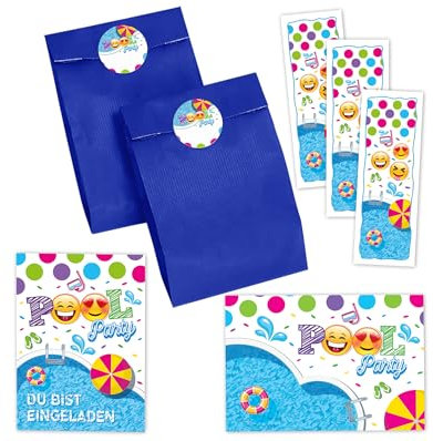 12 Einladungskarten zum Kindergeburtstag Schwimmbad Jungen Mädchen Einladung Mädchengeburtstag Jungsgeburtstag incl. 12 Umschläge, 12 Tüten/blau, 12 Aufkleber, 12 Lesezeichen