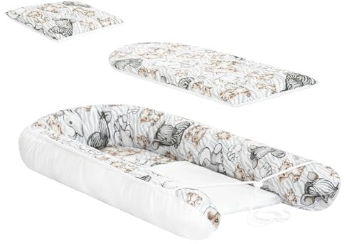 HOBBYGARDEN 3 teilig Babynestchen Set Babynest - Kokon für Babys und Säuglinge – Nestchen - Reisebett, Kokon für Babybett – Baumwolle - Wickelauflage Kuschelbett (Das Zebra und der Löwe)