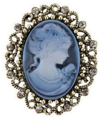 Broche bijou camée bleu style vintage acier bronze.