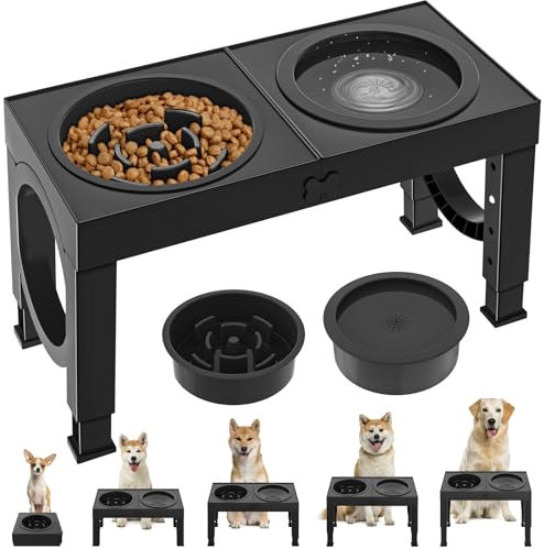 X XBEN 3-in-1 Gamelles Surélevées de 5 Hauteurs Ajustables, Gamelle pour Chien avec 1L Gamelle Anti-Glouton et 1,4L Gamelle Anti-éclaboussures, Antidérapant, pour Chien de Taille Moyenne et Grande