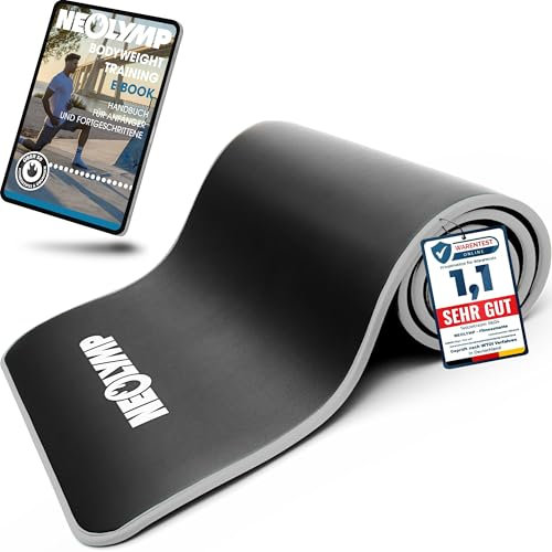 NEOLYMP extra dicke und rutschfeste Fitnessmatte mit Fitness E-Book und Tragegurt - Pilatesmatte, Yoga Matte, Sportmatte, Gymnastikmatte, Trainingsmatte (Fitnessmatte normal grau)