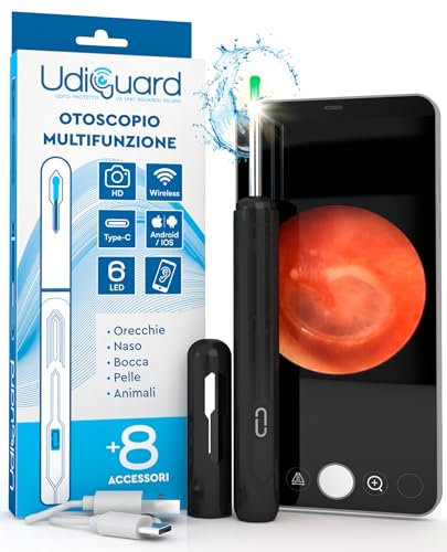 Otoscopio Pulizia Orecchie Rimozione Cerume con Telecamera 1920p WiFi 3,6mm - UdiGuard Pulitore Orecchie Digitale con 6 Luci LED Adulti Bambini Animali - Compatibile con Android iPad iPhone Nero