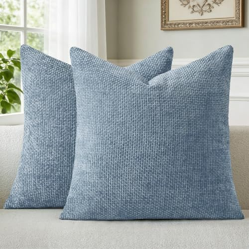 a moment Kissenbezug 50x50 Blau 2er Set Chenille Dekokissen Kissenbezüge Muster Deko Sofakissen Zierkissen Couchkissen Waschbar Flauschig Kissenhülle für Sofa Wohnzimmer Schlafzimmer