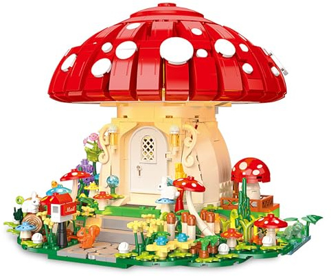 Pilzhaus Bausteine Spielzeug Kit, 1296 Teile mit LED Klemmbausteine Modular Spielzeug Modell, DIY Kreatives Architektur Modellbausatz, Geschenk für Jugendliche und Erwachsene