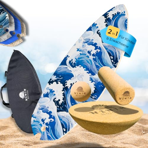 Ninja Balance Board | Balance Board + Kork Halbkugel – Gleichgewichtstrainer für Kinder & Erwachsene – 100% Holz in Rocker shape - Indoor Surfing Board Fitness | Trickboard für Core Training | Woven
