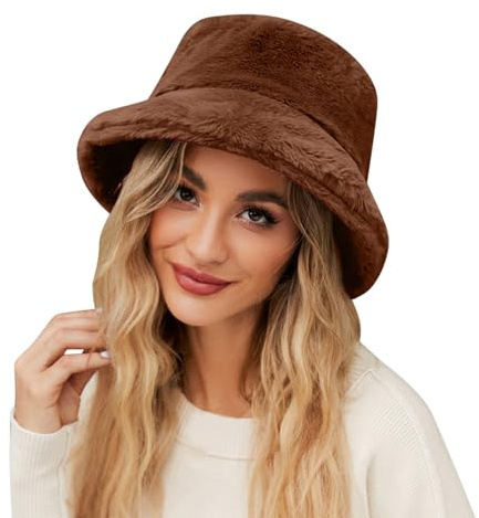 Generisch Wintermütze aus Kunstfell Damen Plüsch Fischerhut Flauschige Bucket Hat Warme Anglerhut