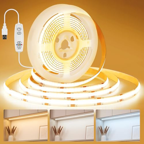 COB LED Streifen USB 1M 608 LED, Lichtband Led Selbstklebend Zuschneidbar, Timer & Speicherfunktion,Dimmbar LED TV Hintergrundbeleuchtung Warmweiß & Kaltweiß,LED Leiste für Spiegel Decke Schrank