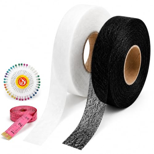 DEFIYEAR 2 Pack Hemming Tape Wonder Web Iron On Extra Strong | Total 128m with Dressmaking Pins&Measuring Tape, Ironing Bonding Patching for Trousers Curtains Clothes