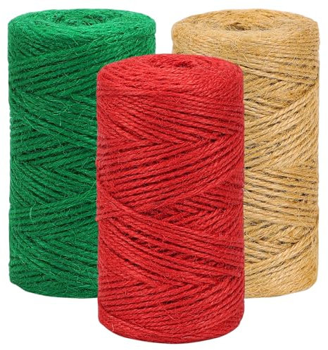 Vivifying 2 mm Juteschnur, 100M x 3 Rollen Garten Kordel für DIY Handwerk, Weihnachten Geschenk Umwickeln (Rot, Dunkelgrün, Braun)