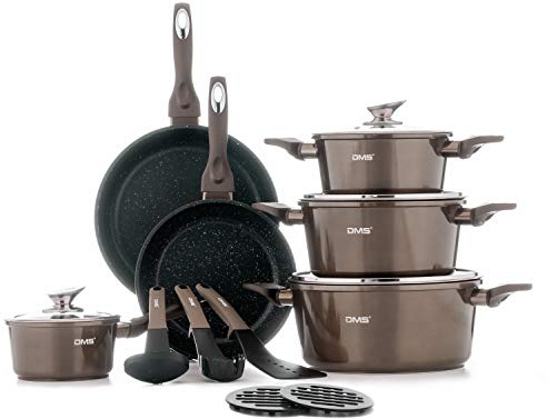 DMS® 15-teilig Induktion Kochgeschirr Kochset Töpfe Pfannen Bratpfanne Kasserolle Suppentopf Glasdeckel 3 Küchenutensilien 2 Topfuntersetzer Marbel Beschichtung Spülmaschinengeeignet (Carbon Metalic)