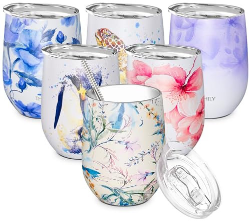 THILY Stainless Steel Insulated Wine Tumbler Stemless Wine Glass with Lid and Straw, Splash-Proof, Reusable, Cute Travel Cup for Coffee, Cocktails, Keep Drinks Cold, Orchid