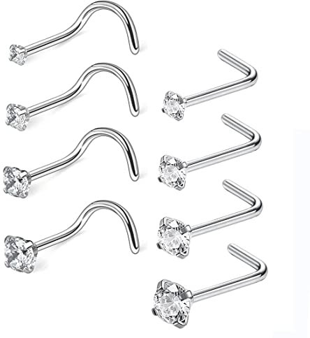 LEEQ 20 Gauge Gebogen Nasen Stud Edelstahl Nasenringe Zirkonia Piercing Körper Schmuck, Schrauben und L Förmig, 8 Stück