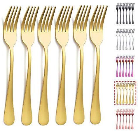 Kyraton Fourchette à dîner en or 6 pièces, fourchettes en acier inoxydable de 20cm, plaqué or titane argenterie de mariage, fourchettes en or lot de 6