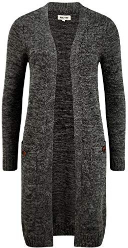 OXMO OXPhiletta Damen Lange Strickjacke Grobstrick Cardigan Longstrickjacke aufgesetzte Taschen 100% Baumwolle Regular fit, Größe:L, Farbe:Black (799000)