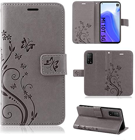 betterfon Hülle Kompatibel mit Xiaomi Mi 10T / 10T Pro | Premium PU Leder Handyhülle Wallet Case für Mi 10T / 10T Pro | Schutzhülle Blumen Klapphülle Handyhülle | Grau