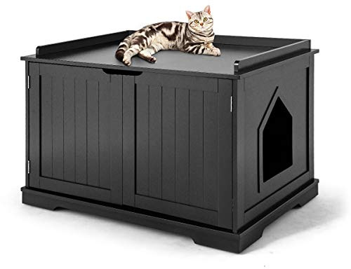 COSTWAY Katzenhaus Katzenhöhle mit Bett, geschlossene Katzentoilette mit Eingang, Haustierbox Haustierkiste aus Holzstruktur, großes Katzenklo Katzenschrank für Katzen Hunde Haustier (Schwarz)