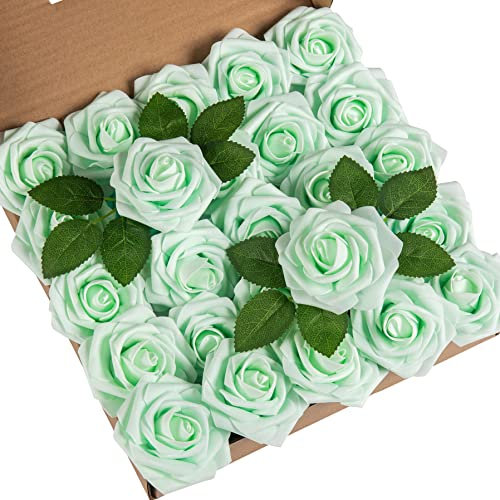 DuHouse Künstliche Rosen Blumen Fake Schaumstoff Rosen Köpfe mit Stiel Künstliche Blumen Rose für Hochzeit Home Party Baby Dusche Valentinstag Deko(25 Stück,Minzgrün)
