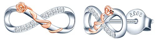 INFINIONLY Boucles d'oreilles pour femmes et filles, en argent 925, Clous d'oreilles symbole de l'infini argent entrelacé de fleurs or rose, Procédé unique de galvanoplastie couleur, orné zircon