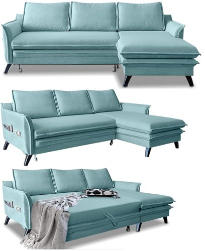 MIUFORM Ecksofa mit Schlaffunktion und Bettkasten | Charming Charlie Wohnlandschaft Mit Schlaffunktion Couch Schlafcouch Wohnzimmer Gästezimmer Holzlfüße Boho-Stil (Pastellblau Rechts ausgerichtet)