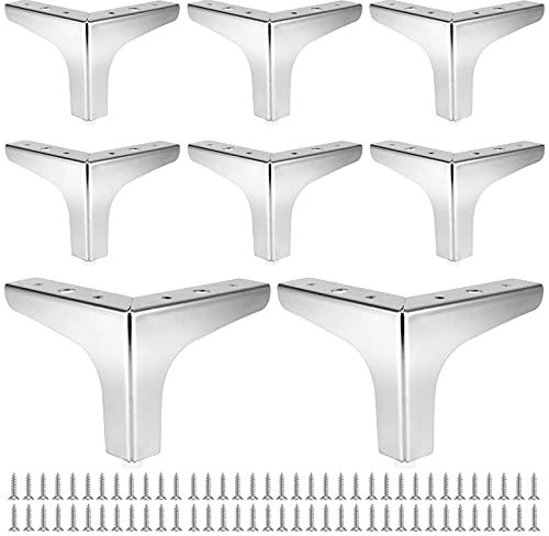 SEUNMUK Set of 8 Metal Furniture Legs, 4 Inch / 10 cm Height Modern Silver Furniture Sofa Legs with Chrome Polished Finish, Cabinet Feet Sofa Replacement Parts for Furniture