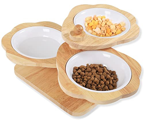 Elevated Cat Bowls, Raised Dog Bowl Stand and 3 Dense Amine Dishes Bowls, Pet Feeder with Wood Food and Water Feeding for Cats and Puppy (3 Bowls)