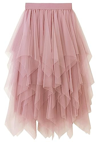 Reaowazo Tulle Skirts for Women Midi Long Fairy Skirt Tutu A-Line Mesh Layered High Elastic Waist Halloween Skirts Pink One Size