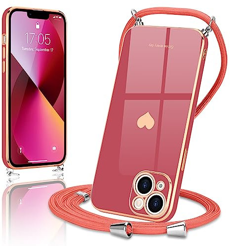 Wirvyuer Chaîne de téléphone portable compatible avec iPhone 13 - Avec cordon de serrage - Protection de l'appareil photo - Cœur d'amour - Avec collier - En silicone - Pour iPhone 13 - Rouge