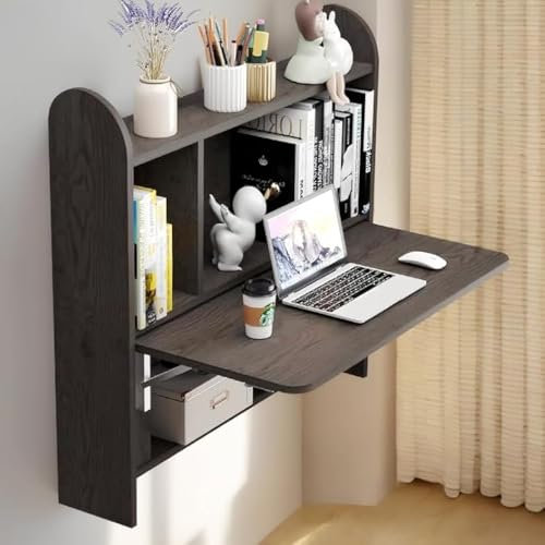 Pmnianhua Wall Mounted Drop-Leaf Table, Floating Laptop Desk, Folding Table with Shelves, Multifunctional Computer Workstation with Storage Compartments in Home Office for Space Saving (Dark Grey)