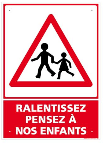 Panneau Ralentissez, Pensez À Nos Enfants Alu 2 Mm - 300 X 420 Mm Signalisation Rectangulaire Prépercée Avec Kit De Fixation Fabrication Française