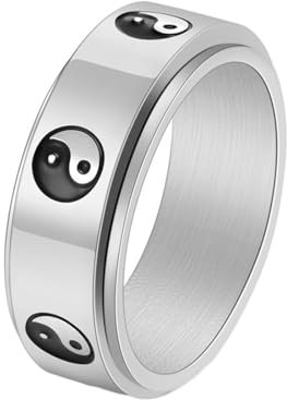Mesnt Verlobungsringe, Klassischer Ring mit drehbarem Yin Yang Muster 8MM aus Edelstahl für Herren Damen Silber, Größe 52 (16.6)