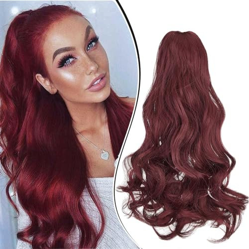 Dcbaboo Ponytail Extension Pferdeschwanz Haarteil Zopf Extension mit Klammer Gewellte Lang Haarverlängerung Zopf Clip Synthetik Wellige Lockig Pferdeschwanz Haarextension, 45cm Weinrot