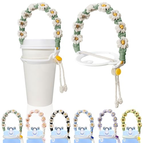 Yanmucy Water Bottle Strap Handmade Daisy Paracord Handle for Water Bottle Portable Coffee Cup Strap Durable Silicone Water Bottle Accessories for Commuting Gyms Cycling (Green)