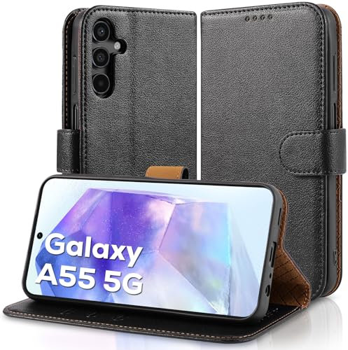 Case Collection for Samsung A55 5G Phone Case and Screen Protector - Leather Folio Flip [Kickstand] Shockproof Cover [RFID Blocking] Magnetic Wallet for Samsung Galaxy A55 5G Case Black
