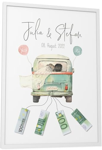 Papierschmiede® Personalisiertes Geldgeschenk Hochzeit mit Namen, Hochzeitsgeschenke für Brautpaar | A3 (30x42 cm) Poster mit Rahmen | Hochzeitsgeschenke Geld Geschenk Bild „Wedding Bully“