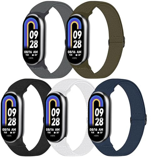 chinbersky 5 Stück Nylon Elastisches Armband kompatibel mit Xiaomi Mi Band 8 Armband/Xiaomi Mi Band 9 Armband Damen Herren,Stoff Verstellbares Dehnbare Sport Ersatzarmband für Xiaomi Mi Band 8/9