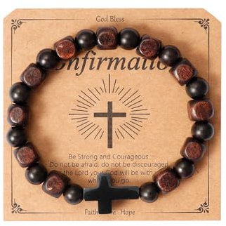 Eigso Schwarz Onyx Perlen Kreuz Armband für Männer Frauen Retro Gebet Religiös Mala Geschenk Perlenarmband für Mann Frau