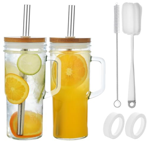 VITEVER 2pcs 710ML Becher mit Griff, Deckel und Strohhalm - wiederverwendbare Mason Jar Trinkgläser für Eiskaffee, Smoothies, Bier, Saft und Tee - mit 2 Bürsten