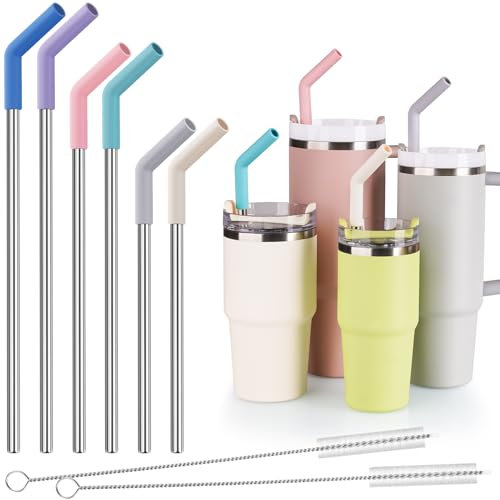 Tomorotec 6-Pack Stainless Steel Reusable Straw with Silicone Tip 3 Sizes, Metal Drinking Straws Fit for Stanley Quencher Tumblers 40oz, 30oz, 20oz, 14oz, Cleaning Brushes Included (Morandi)